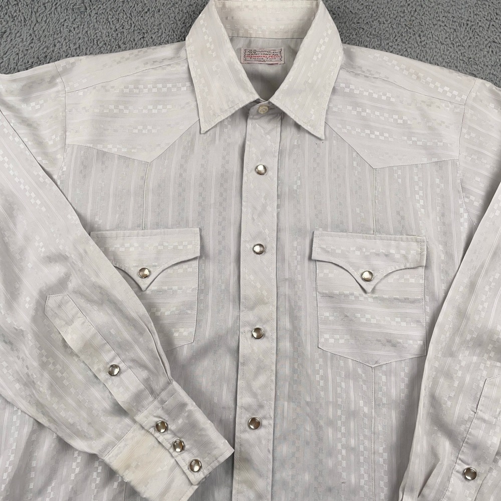 VTG H Bar C Shirt Mens Medium White Western Pearl Snap Long Tail Permanent Press